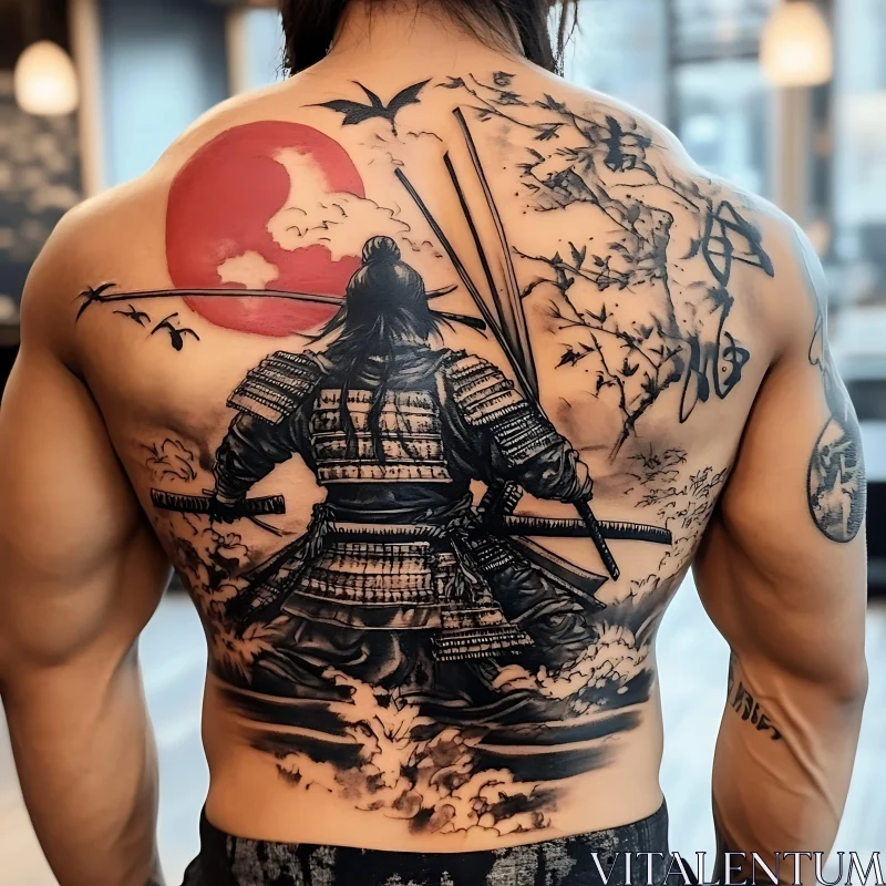 Intricate Samurai Back Tattoo with Red Sun and Birds AI Image