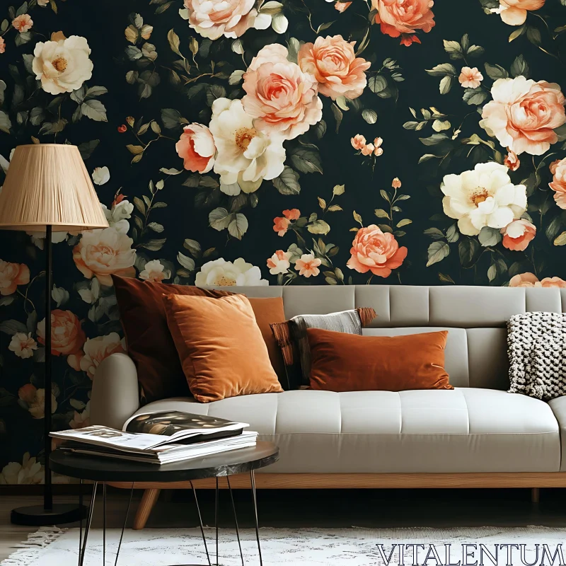 AI ART Floral Wallpaper and Modern Couch