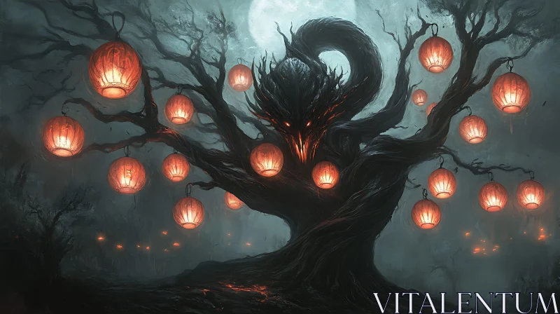 AI ART Eerie Tree with Glowing Lanterns at Night