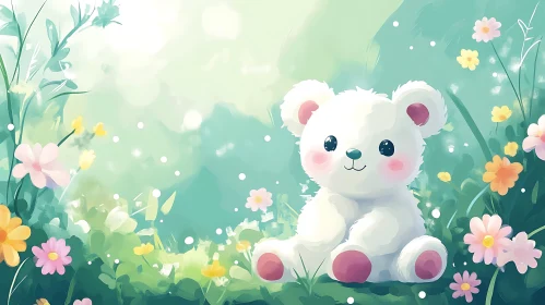 Charming Bear with Flowers Illustration