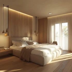 Modern Bedroom with Wooden Accents and Soft Lighting