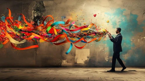 Man Creating Colorful Abstract Ribbons