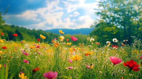 Wildflower Meadow Under a Cloudy Sky
