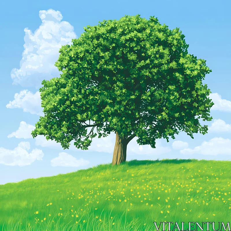 AI ART Lush Tree on Green Hill with Blue Sky