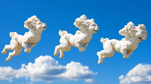 Floating Sculptures Against Blue Sky