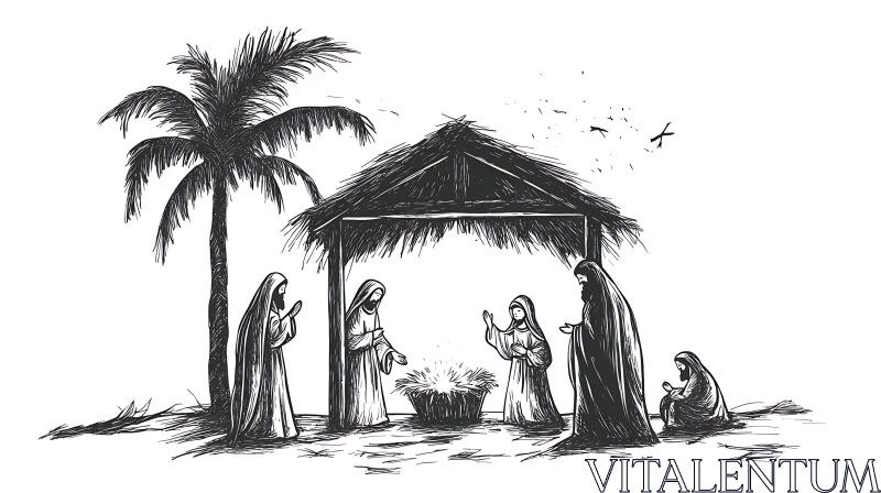 Artistic Sketch of the Nativity AI Image