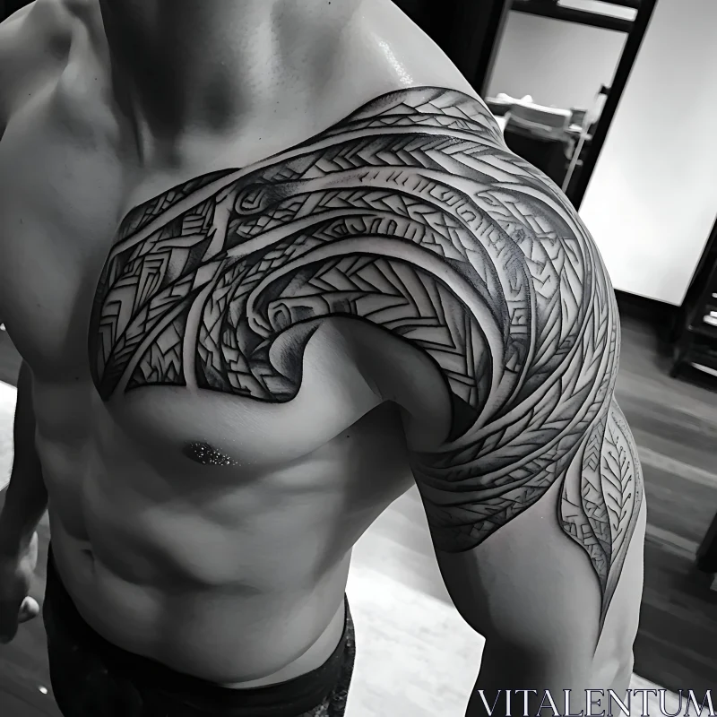 Intricate Blackwork Tribal Arm Tattoo AI Image