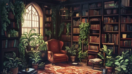 Cozy Reading Room with Armchair and Bookshelves