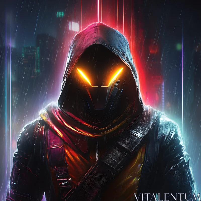 AI ART Cyberpunk Hooded Figure in Neon Rain