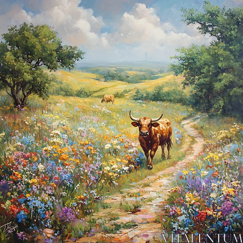 Pastoral Scene with Longhorn Cow AI Image