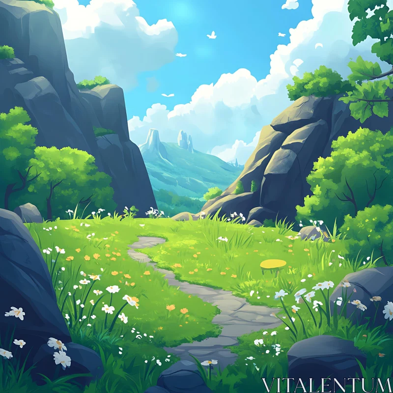 AI ART Scenic Mountain Path Through Green Valley