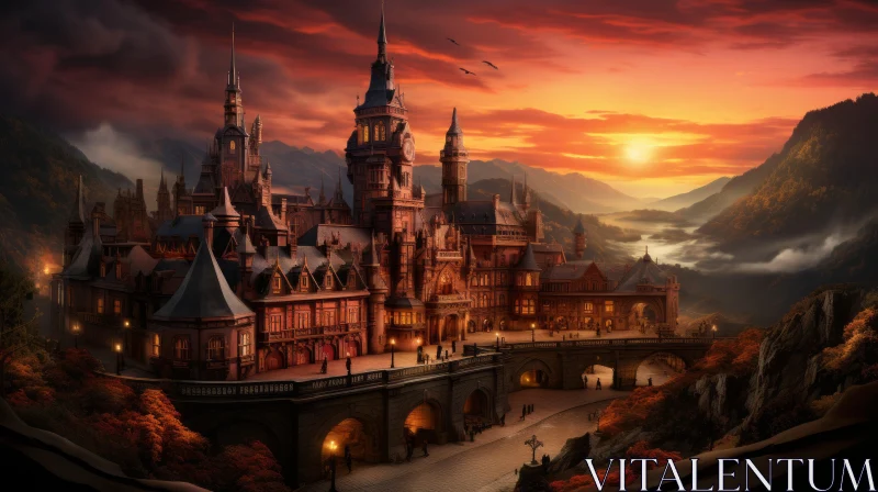 Captivating Castle at Sunset: A Victorian-Inspired Fantasy Landscape AI Image