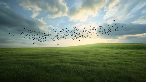 Flock of Birds Over Serene Landscape