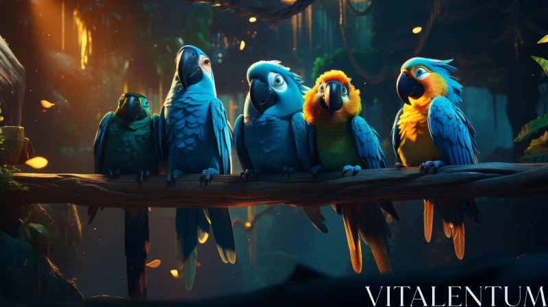 Colorful Parrots on a Branch - Animated Artwork AI Image