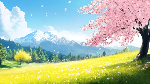 Spring Blossom Field with Mountain View