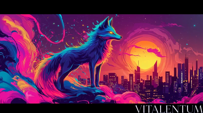 Fox watching the sunset in the city AI Image