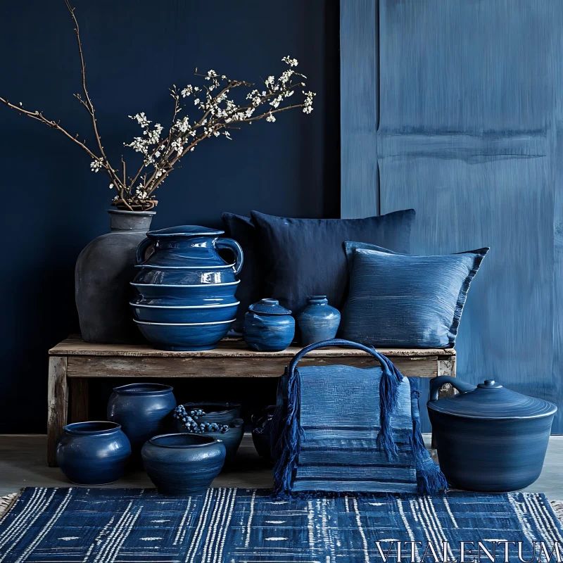 Still Life with Blue Ceramics and Textiles AI Image