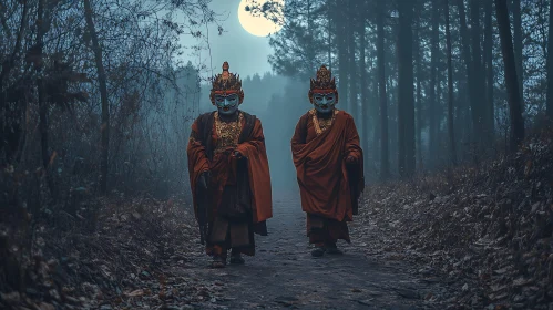 Masked Figures Walking in Eerie Forest