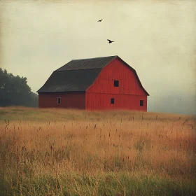 Rustic Red Barn in Golden Field