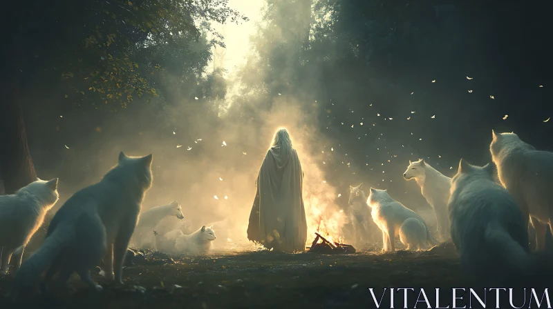 AI ART Cloaked Figure Surrounded by Wolves