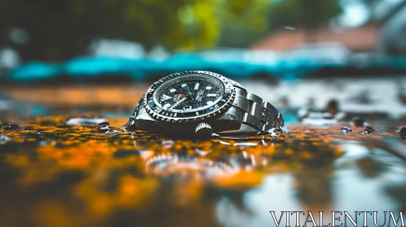 Luxury Stainless Steel Watch on Wet Surface AI Image