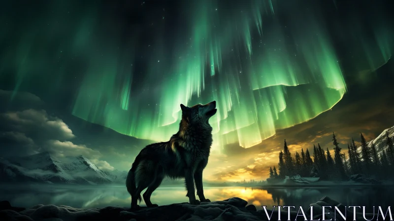 Wolf Gazing at Aurora Borealis in Nature-Inspired Art AI Image