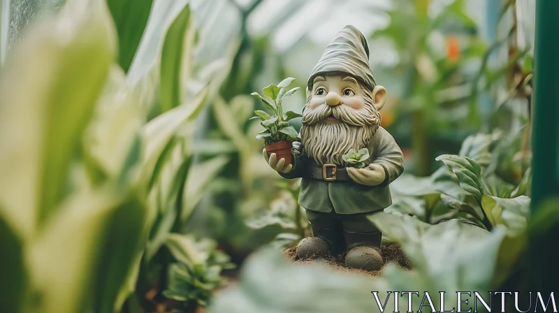 Gnome Holding Plant Figurine in Garden AI Image