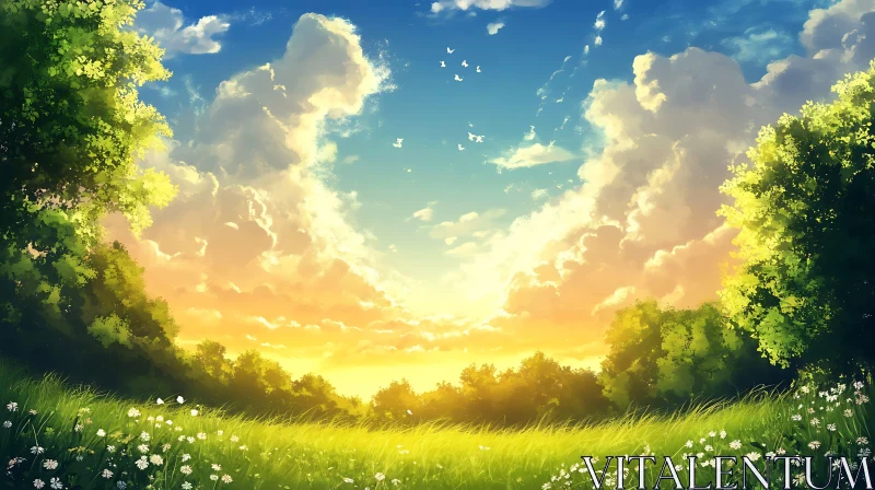 Scenic View of Meadow and Sky AI Image