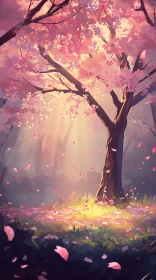 Sunlit Forest with Pink Blossoms