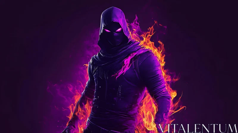 AI ART Hooded Character with Glowing Eyes and Fire