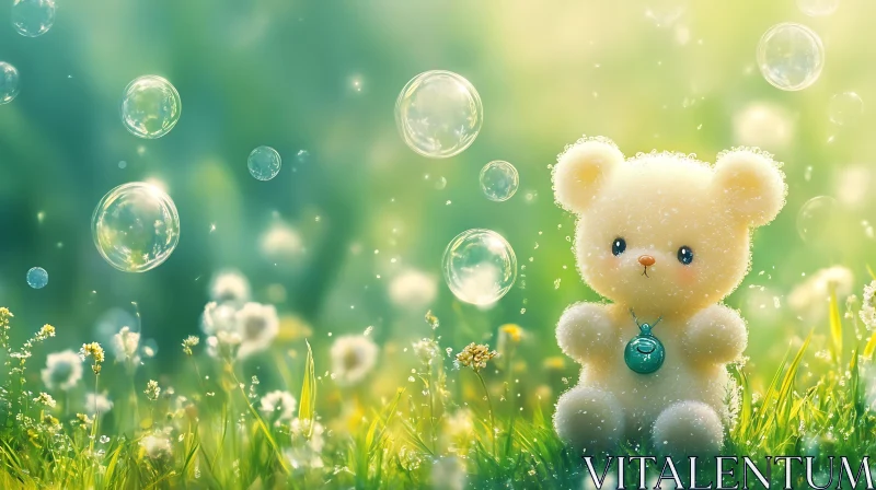 Teddy Bear with Bubbles in Field AI Image