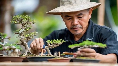 Asian Gardener Carefully Pruning Bonsai