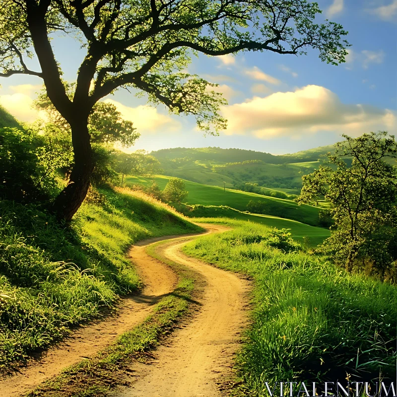 AI ART Lush Green Hills Landscape with Sunlit Path