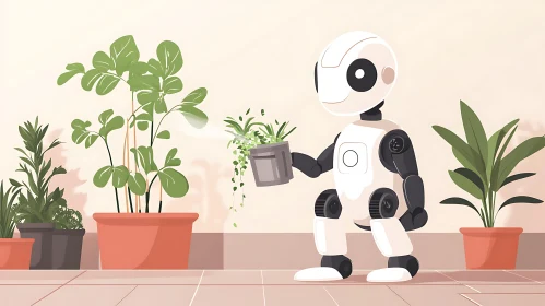 Robotic Gardener Watering Plants Illustration