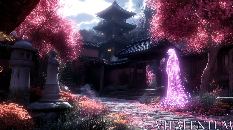 AI ART Glowing Spirit in Sakura Temple Garden