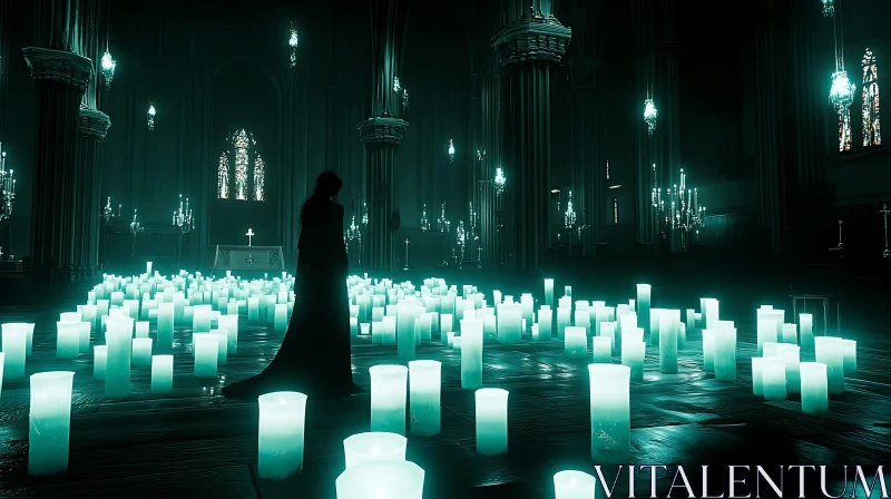 AI ART Glowing Candles and Silhouette in Grand Hall