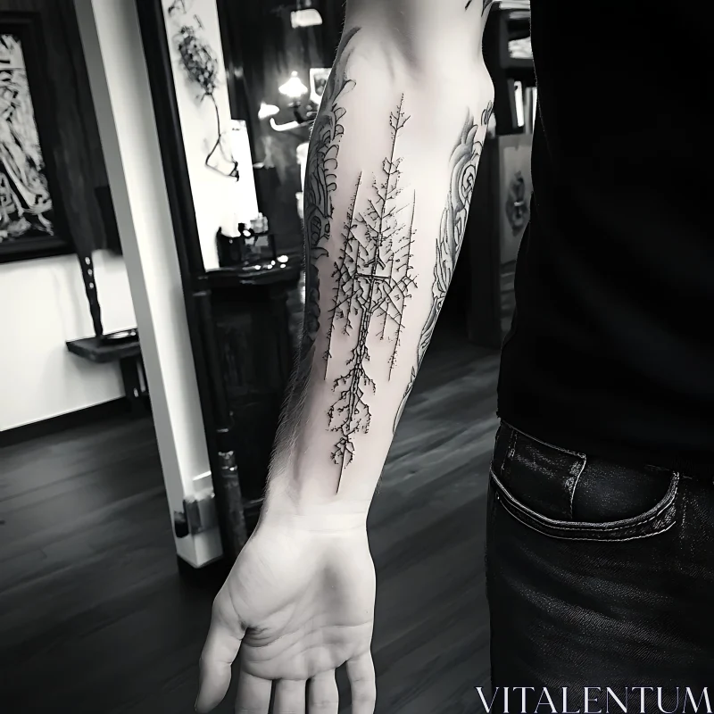 Intricate Black Ink Tree Tattoo on Arm AI Image