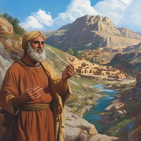 Man Overlooking Village by River