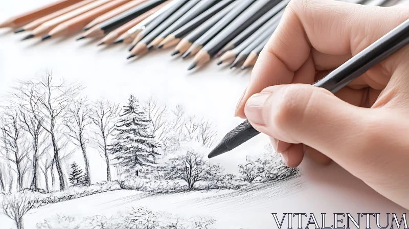 Hand Sketching Trees with Pencil AI Image