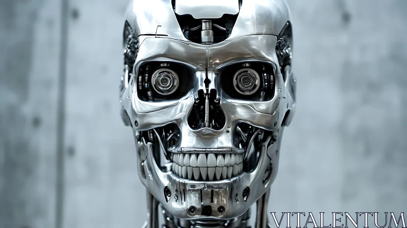 Detailed View of a Polished Metal Robot Skull AI Image