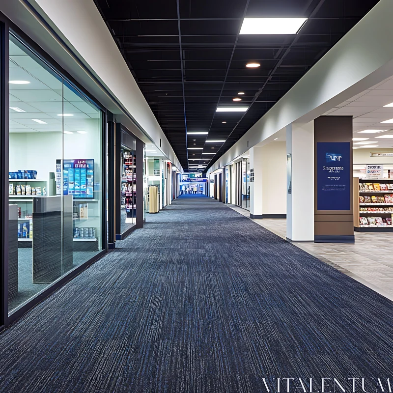 AI ART Interior Hallway with Shops and Blue Carpet