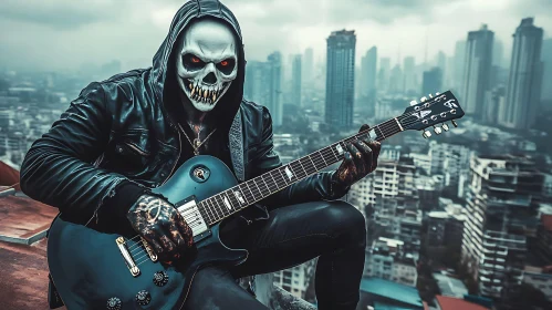 Rooftop Guitarist in Skull Mask