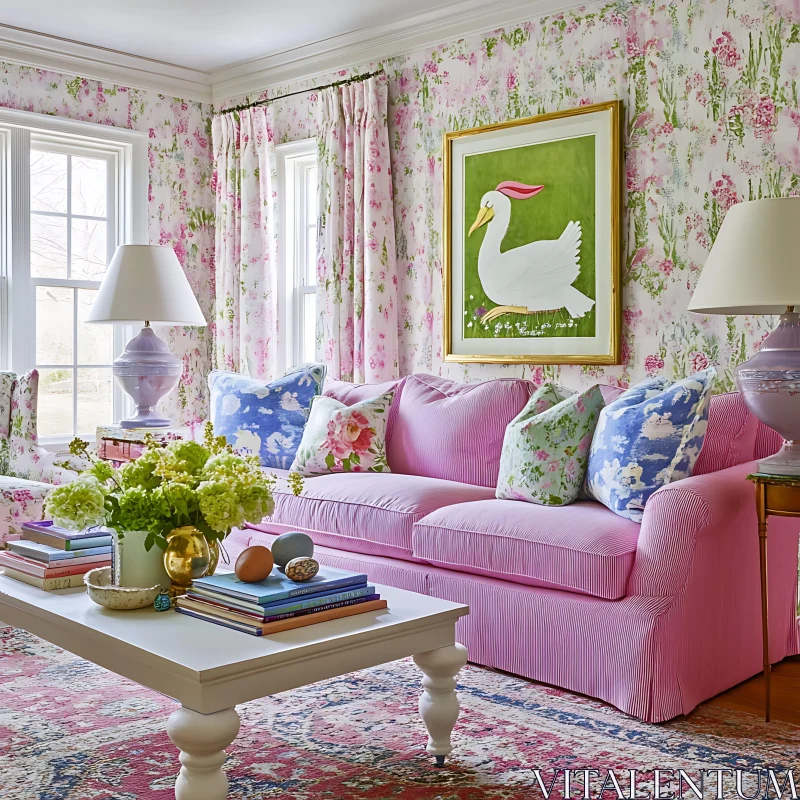 AI ART Cozy Pink Sofa in Floral Living Space