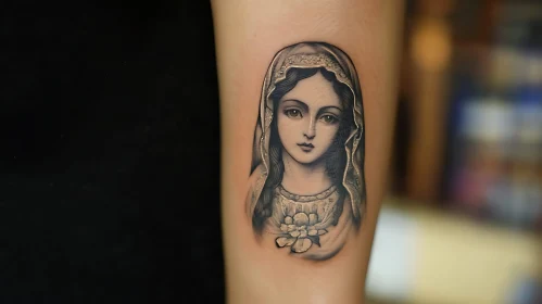 Realistic Religious Female Portrait Tattoo on Arm