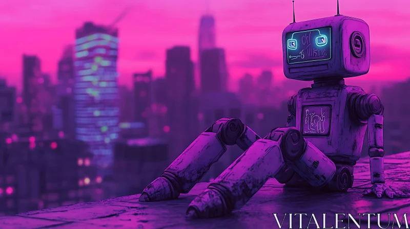 AI ART Pensive Robot Overlooking City at Night