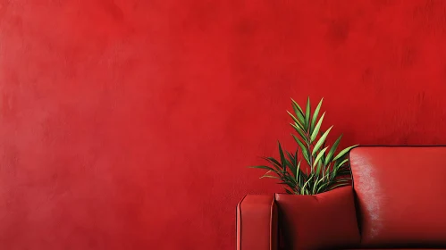 Minimalist Red Room with Green Plant