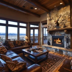 Rustic Interior with Leather Sofa and Fireplace