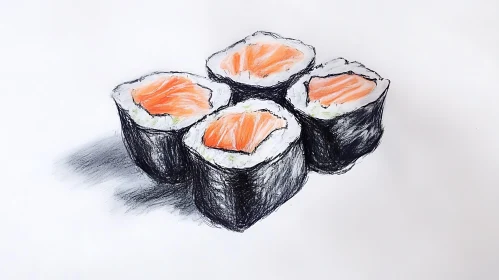 Salmon Sushi Sketch on White Paper