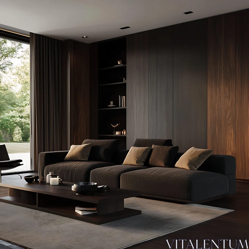 AI ART Elegant Dark Wood Living Space