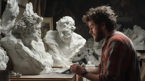 Artisan Sculpting Busts in Art Studio